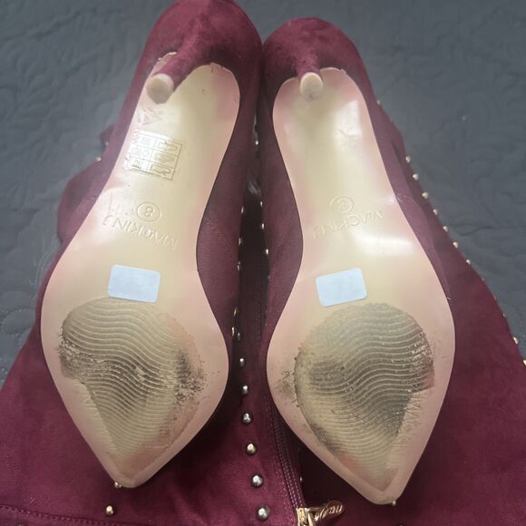 MACKIN J 181-1 Maroon Faux Suede Thigh High Pointy Toe Studded Stiletto Boot SZ8 - Picture 11 of 12